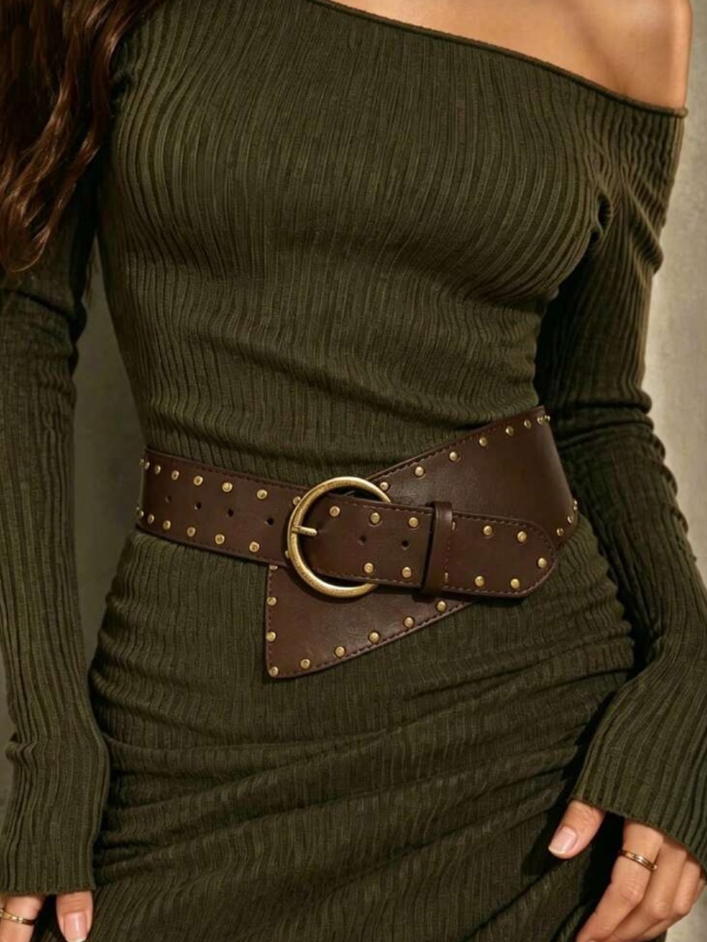 Studded Wide Brown Leather Waist Belt with Gold Ring Buckle